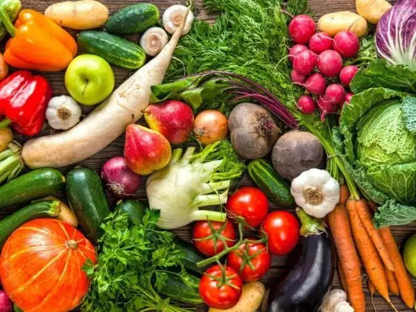 A vibrant assortment of fresh vegetables and fruits, including red tomatoes, green cucumbers, orange carrots, purple eggplants, and a variety of leafy greens.