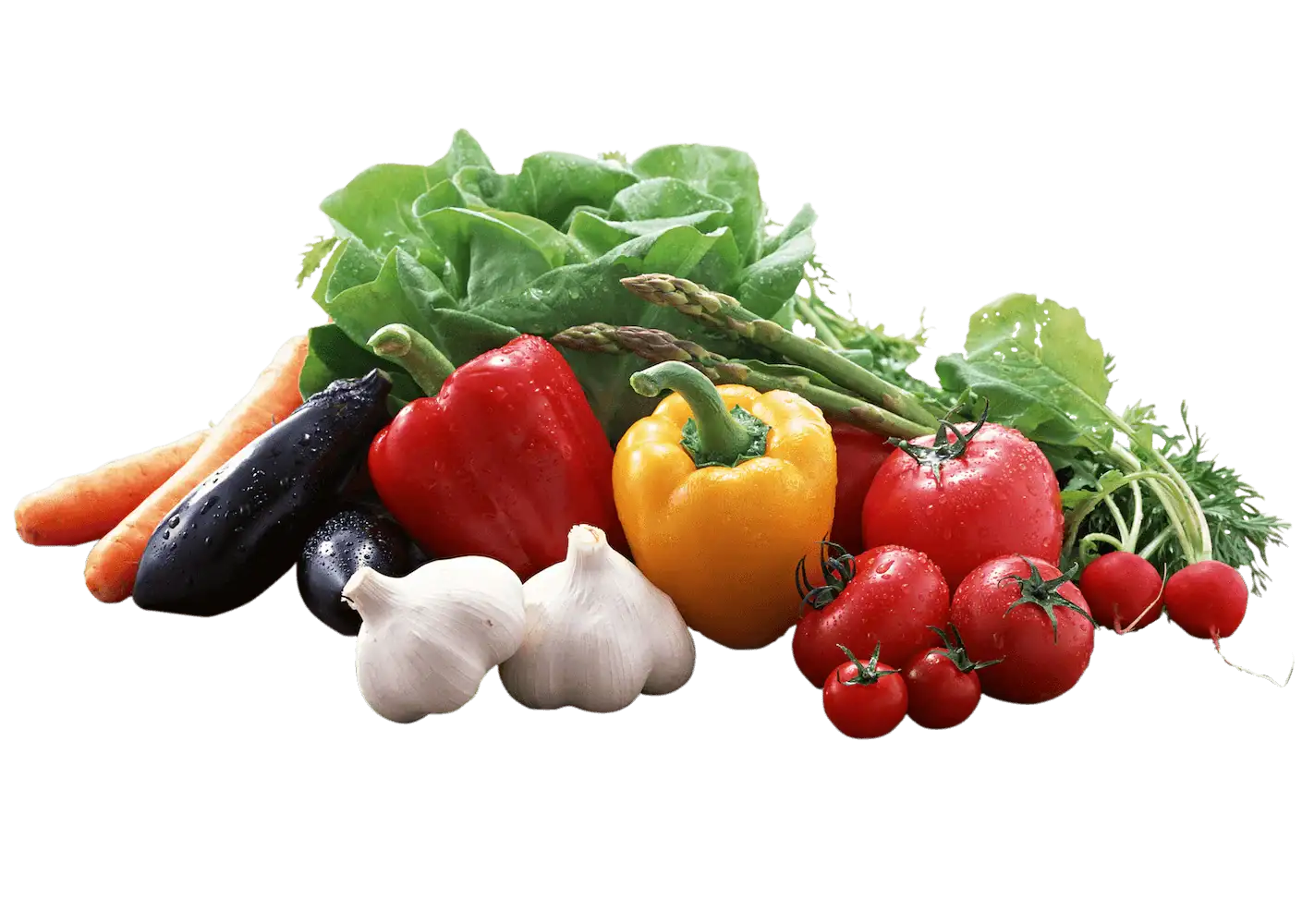 A vibrant assortment of fresh vegetables including red and yellow bell peppers, cherry tomatoes, carrots, eggplant, garlic, asparagus, lettuce, and radishes.